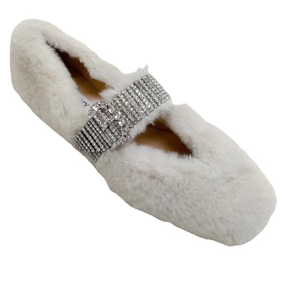 Jimmy Choo Shoes - Jimmy Choo Latte Faux Fur Krista Flats with Crystal Embellishments